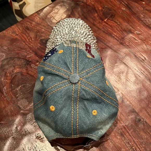 USA Ball Cap Hat stone flash bling Denim sequence Adult one size strap back vntg - Picture 7 of 12